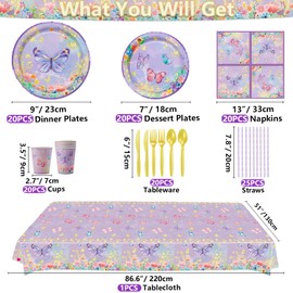 XJLANTTE Butterfly Birthday Decorations - 166 Pcs Purple Butterfly Party Decorations Butterfly Plates, Napkins, Cups, Tablecloth and Straws for Butterfly Birthday Party Supplies, Serve 20