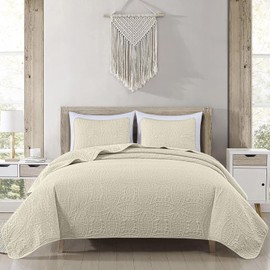 Chezmoi Collection Austin 3-Piece Oversized Bedspread Coverlet Set (King, Ivory)