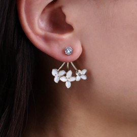 Atentuyi Boho White Flower Earrings Gold Small Crystal Stud Earrings Front Back Flowers Earrings CZ Ear Jacket Flowers Earrings Vintage Enamel Earrings Jewellery for Women and Girls, Crystal