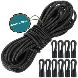TAIXING 10M Elastic Cord, 6 mm Elastic Bungee Cord, Black Thick Shock Cord Heavy Duty Bungee Cords with Hooks for Caravan, Camping, Cargo, Tarpaulin, Kayak and Backpack, with 10 Plastic Hooks
