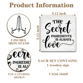Cazhes Home Kitchen Wooden Shelf Table Decor with Iron Stand, The Secret Ingredient Is Love Sign, Fun Wood Plaque Desk Decorative Sign for Dining Room Decor-E06