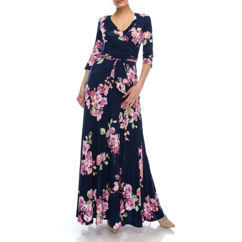 Bon Rosy Women's 3/4 Sleeve Floral Printed Bohemian Maxi Wrap