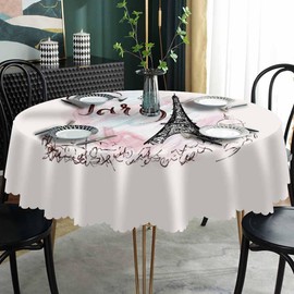 AOYEGO Eiffel Tower Round Tablecloth 60 Inch Pink Paris Romantic Art Painting Table Cloth Polyester Tablecloths for Home Decor, Parties, Picnic
