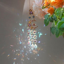 Small Hanging Prism Waterdrop Moon Crystal Suncatcher Shiny Indoor Window Rainbow Maker Crystal Hanging Pendant for Car Outdoor Garden Patio Décor