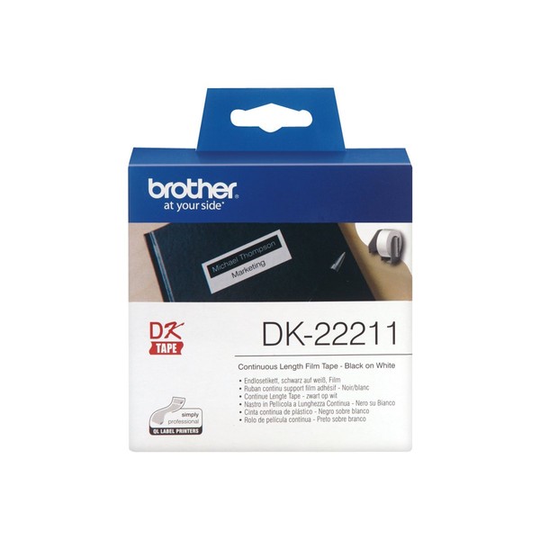 Brother DK-22211 Label Roll, Continuous Length Film, Black on White, Single Label Roll, 29mm (W) x 15.24M (L), Brother Genuine Supplies