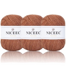 NICEEC 3 Skeins Soft Merino Wool Yarn - Soft & Warm, Finger Weight, Woolen Yarn for Crochet & Knitting, Total 5.3oz/606yds - Caramel