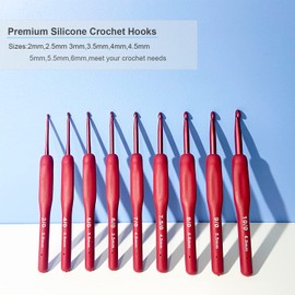 Ergonomic Crochet Hooks Set,Silicone Crochet Hook Knititng Needles for Arthritic Hands Premium Soft Grip Crochet Handles for Crocheting Yarn Craft Projects(2.0mm-6mm,Red)