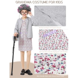 FancyFun 8 Pcs Old Lady Costume for Kids, 100 Days of School Costume for Girls Grandma Wig Granny Outfit Old Person Dress Up Set C 3-4T
