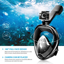 HINATAA Snorkel Mask, 180° Full Face Diving Mask, Free Breathing, Anti-Fog and Anti-Leak Technology with Adjustable Headbands for Adults, Teens, Kids (Black, S-M)