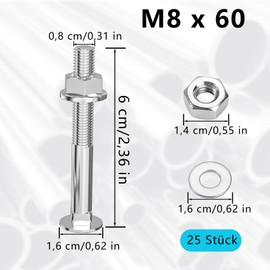 Schlossschrauben, 25 Stück Torbandschrauben M8 x 60, Flachrundkopfschrauben mit Sechskantflanschmuttern und Unterlegscheiben