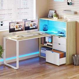 YITAHOME L Shaped Desk with Power Outlets, 55" Computer Desk with Drawers & Bookshelf, Home Office Desk with LED Lights, Corner Desk with File Cabinet, White & Oak