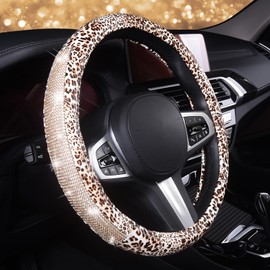 AUTOYOUTH Leopard Print Steering Wheel Cover - Bling Crystal Rhinestones Cheetah Print on PVC Leather Non-Slip Breathable Design for Women/Girls Universal Fit 14.5-15 Inch