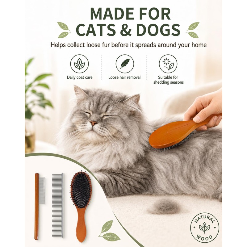 Angootao 3Pcs Natural Boar Bristle Dog Grooming Brush Set