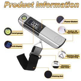 Digital Luggage Scale with Tape Measure Backlit LCD Display, 50kg capacity Travel Bag Hanging Weighing Scale, Portable Accurate Luggage scale for Suitcases