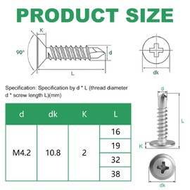 Self Tapping Screw, 410 Stainless Steel Drilling Screw M4.2 * 16mm, Cross Countersunk Drill Tail Self Drilling Screws, Wafer Head Screws, 50PCS