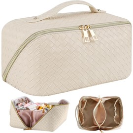 Cosmetiquera de Viaje de Gran Capacidad - Bolsa de Maquillaje de Cuero PU Impermeable con Asa y Separadores, Bolsa Organizadora de Cosmeticos, Neceser de Viaje para Mujer Portátil (Blanco)