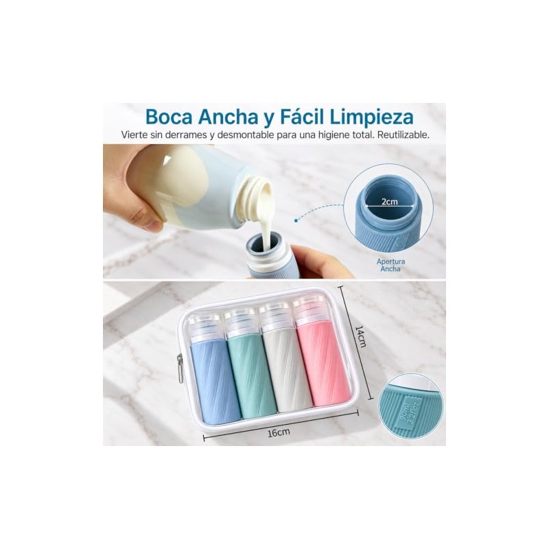 Juego de 4 Botellas de Silicona para Viaje, 90 ml,