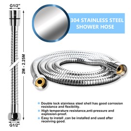 Ronvie Shower Hose 2m, Stainless Steel Shower Pipe Extra Long Anti-Kink Shower Tube for Universal DIY Replacement Includes 2 Washers, Chrome