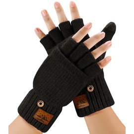 CHENMEI Fingerless Gloves Men and Women - Half Finger Gloves with Cap, Winter Flip Gloves with Touch, Mittens Gloves with Alpaca Wool, Winter Gloves for Men and Women, Dark Black