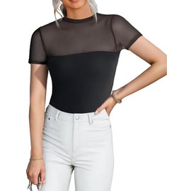 MixShe Going Out Tops for Women - Trendy Black Short Sleeve Sheer Mesh Bodysuit Small