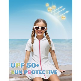 Girls Sun Protective Swim Cover Up Hooded with Full-Length Zipper Short Sleeve UPF 50+ Beach Dress Coverup