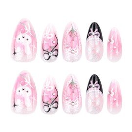Pink Tulip Flower Press on Nails Short Almond Fake Nails Cute Bow False Nails with 3D Rhinestone Pearl Charms Designs Acrylic Nails Lovely Rabbit Stick on Nails for Women Nails Decor Supplies 24Pcs
