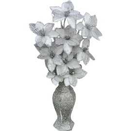 Decorative Silver Glitter Mosaic Vase with White Artificial Flowers, Sparkle Home Ornament