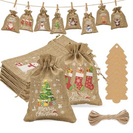G2PLUS Pack of 24 Large Advent Calendar Jute Bags, 13 x 18 cm Christmas Jute Bags, Gifts Jute Bags with Tree Pendant, Christmas Gift Bags for Advent Calendar, Christmas Tree Decoration
