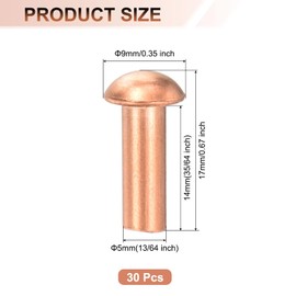 sourcing map 30 Pcs 13/64" x 35/64" Round Head Copper Solid Rivets Fasteners