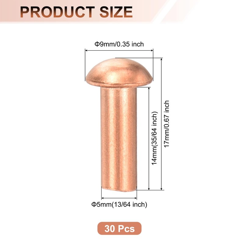 sourcing map 30 Pcs 13/64" x 35/64" Round Head Copper