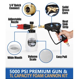 TOOLCY Foam Cannon Kit with Pressure Washer Gun 5000 PSI, 5 Nozzle Tips, 1/4" Quick Connector, 1L Bottle, Quick Release, Industrial Grade