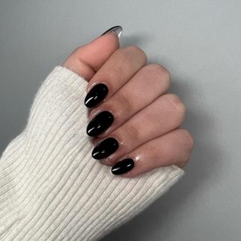 Black Press on Nails Short Oval Round Nails Glue on, SXVME Fall Winter Short Fake Nails Press ons, Acrylic False Nails Handmade of Gel, Best Thick Short Almond Nails for Big & Petite Fingers, 24Pcs