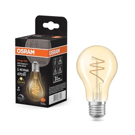 Osram OSRAM Vintage 1906 Classic is a warm white, dimmable LED bulb in the shape of a bulb with a spiral-shaped filament. It offers 4.9 W for 470 lm, E27 socket, gold-colored glass, 60 mm diameter, 2700 K.