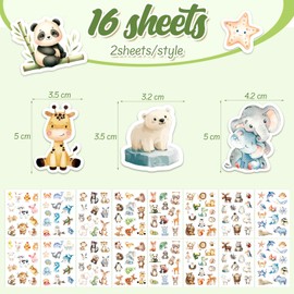 BETESSIN Animal Sticker Set - 16 Sheets Children's Stickers with 200+ Cute Watercolour Animals Motifs - Waterproof Stickers for Laptop, Phone, Kindle, Water Bottle, Bicycle, Suitcase, Scrapbook etc.