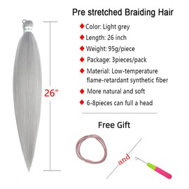 Newluyang Pre Stretched Braiding Hair, 100% Kanekalon Synthetic Crochet Hair Braids,26 inch 3 packs Hot Water Setting Professional Yaki Texture Crochet Hair Extension Braids. (26inch,Grey)