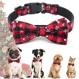 Christmas Collar Dog Cat Collars with Bow Tie Christmas Checked Costume Dog Collar Removable Bow Red Adjustable Collar Gift for Small Medium Large Dogs Cats Puppies (M)