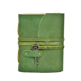 LEATHER VILLAGE Vintage Leather Journal – 200 Handmade Vintage Deckle Edge Paper – Leather bound Journal For Women Men – Vintage Key Closure - Book of Shadows - Green - 10X7 inches
