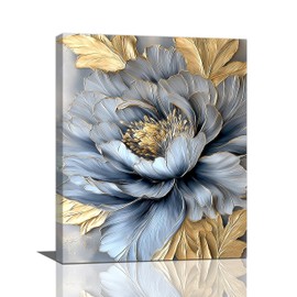 Blue Golden Peony Flower Wall Art For Female Gold Bathroom Canvas Wall Decor Boho Floral Pictures Aesthetic Textured Paintings Prints Modern Woman Artwork Framed Decorations For Bedroom Living Room Office Gifts 16" x 20"