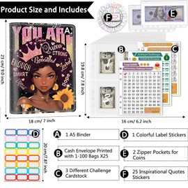 Money Saving Binder, 100 Envelopes Money Saving Challenge, Cash Envelopes Budget Binder & 3 Budgeting Planner Trackers, PU Leathers A5 Money Saving Planner Book，African Girls Inspirational Quotes