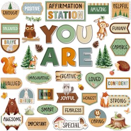 Weekgrat 45pcs Bulletin Board Set Motivational Posters Classroom Mirror Growth Mindset Decor Positive Affirmations Accents Cutouts for School Office Home Teacher Wall(Woodland)