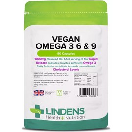 Vegan Omega 3 6 & 9 1000mg 90 Capsules Flaxseed Oil Blood Cholesterol Lindens 5060332536238