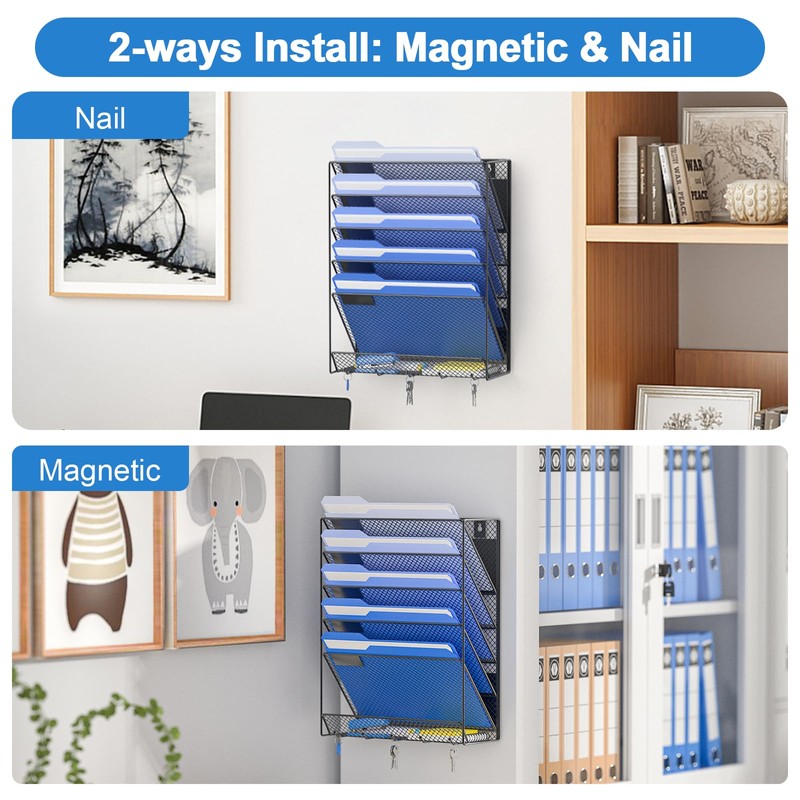 OUTWOLF Magnetic File Holder, 6-Tier Magnetic Wall Hanging File Organizer,