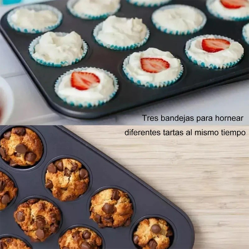 3 Moldes Charola 12 Cupcakes Acero Anti-adherente Repostería