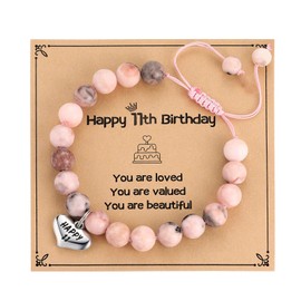MIXJOY Turning 11 Year Old Birthday Bracelet Gifts for Daughter Granddaughter Niece Cousin, Happy 11th Heart Charm Bday Bracelets for Age 11 yr Old, Pink Beads Braided Rope Bracelet 6.3"-8.6"