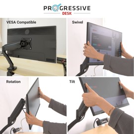 Progressive Desk Single Gas Spring Monitor Stand - Fits 17"-30" Monitors - ±180 Monitor Rotation - Arm Holds Up to 20 lbs