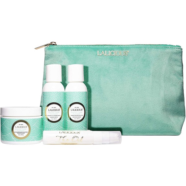 LALICIOUS Sugar Tiare Travel Set - Whipped Sugar Scrub, Shower Gel/Bubble Bath, Body Butter & Body Oil in a Luxe Velour Makeup Bag (4 Piece Kit)