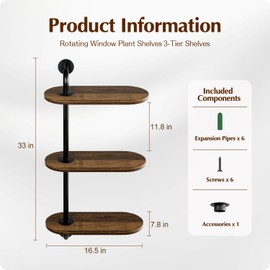 BUTUNITA Rotating Window Plant Shelves 3-Tier, Wooden Window Shelf for Plants, Sill Space-Saving Corner Hanging Wall Stand for Multiple Plants, Indoor Home Decor, Carbonized