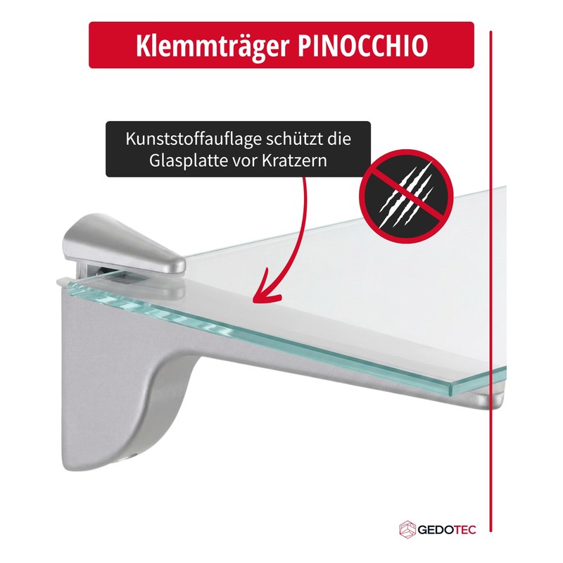 Gedotec Pinocchio Designer Glass Shelf Brackets - Matte Silver |