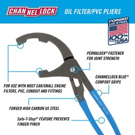 CHANNELLOCK 209 9-inch Oil Filter/PVC Pliers | Made in USA | 1.75 to 3-inch Jaw Capacity | Forged High Carbon Steel | Ideal for Engine Oil Filters, Conduit, and Fittings
