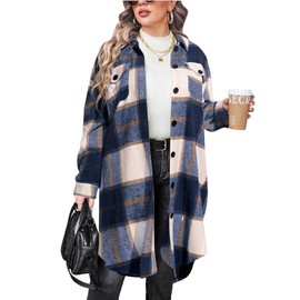 IN'VOLAND Women's Plus Size Flannel Shirts Lounge Long Sleeve Lapel Button Up Plaid Long Boyfriend Shacket Jacket Blue 20W
